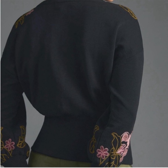Anthropologie Floral Embroidered Sweatshirt Top Black Pink Flowers XS - Picture 3 of 12